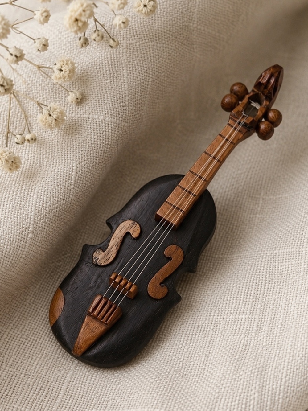 Vintage Hand Carved Wooden Violin Unisex Brooch